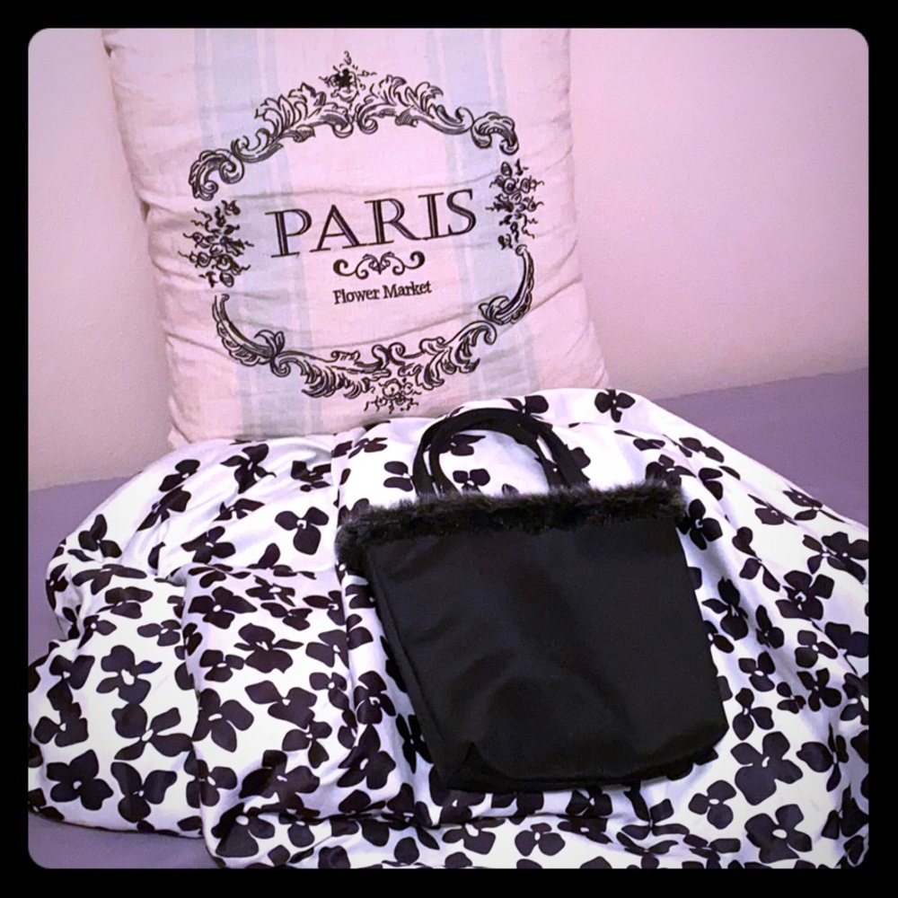 Faux fur lined Lancôme mini black hand tote bag